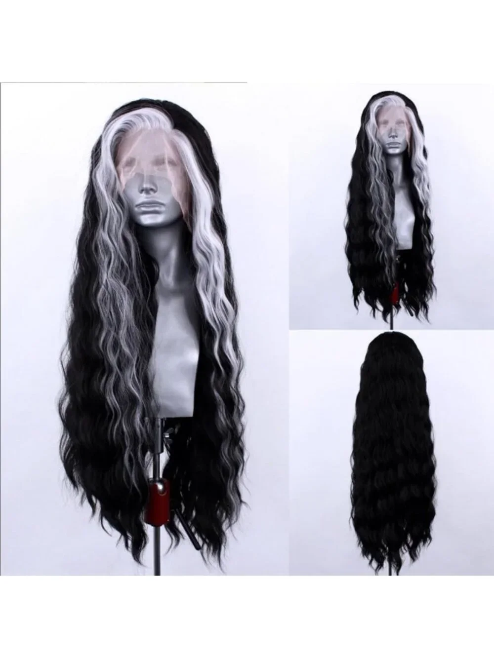 Long Curly Black & White Lace Front Wig - Heat Resistant, Natural Hairline, 24